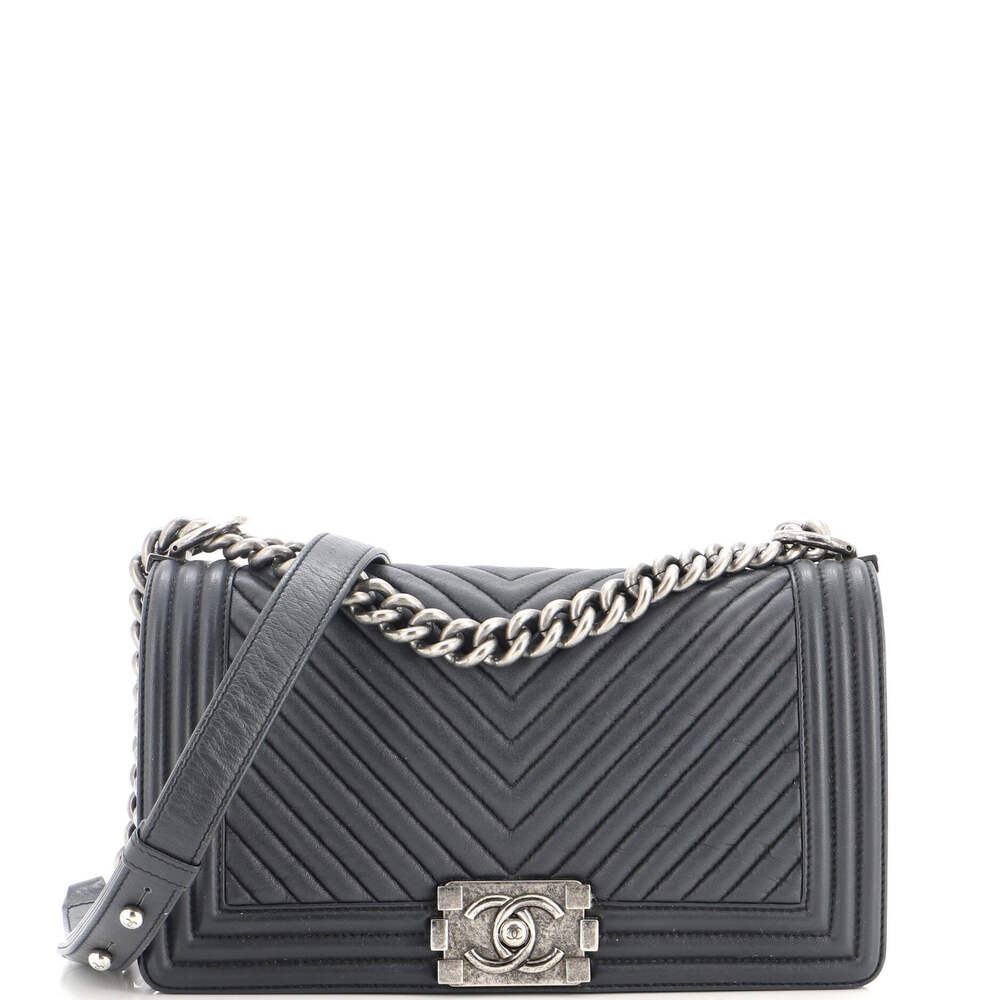 Chanel Old Medium Boy Flap Bag Chevron Wrinkled Lambskin